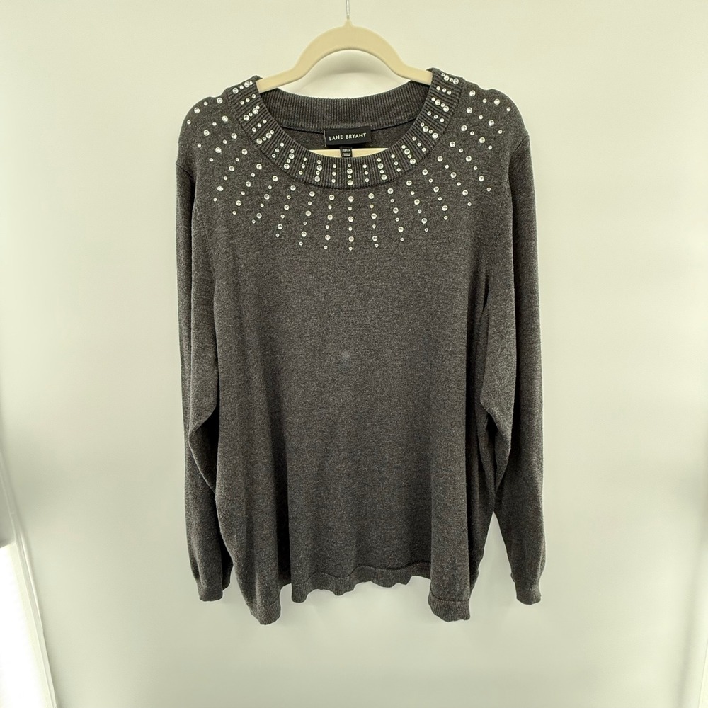 Lane Bryant 22/24 Gray Embellished Rhinestone Sweater Plus‎ Size Holiday Top